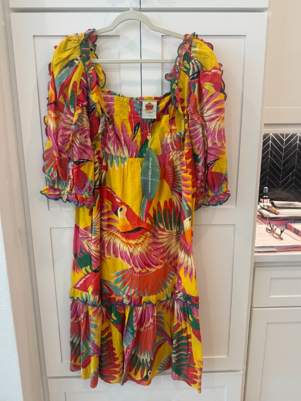 FARM RIO Multicolor Toucans Scalloped Midi Dress Size L NWT